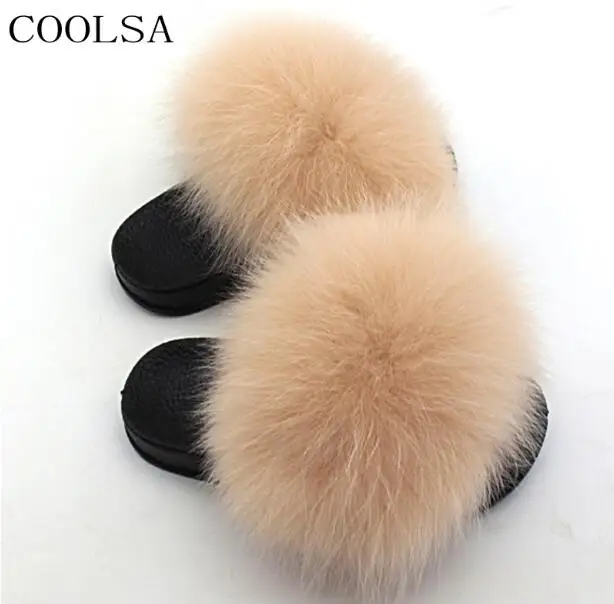 Khaki COOLSA/детские меховые тапочки; домашние теплые пушистые тапочки из лисьего меха для девочек; Плюшевые сандалии из ПВХ на плоской подошве; детские тапочки на заказ - Цвет: Khaki