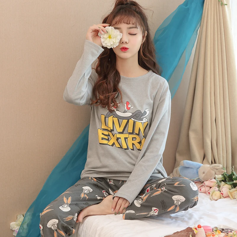 2019 Pajama sets women long sleeved sleepwear autumn Thin Sweet cartoon Suit cute Pyjamas family clothes | Женская одежда