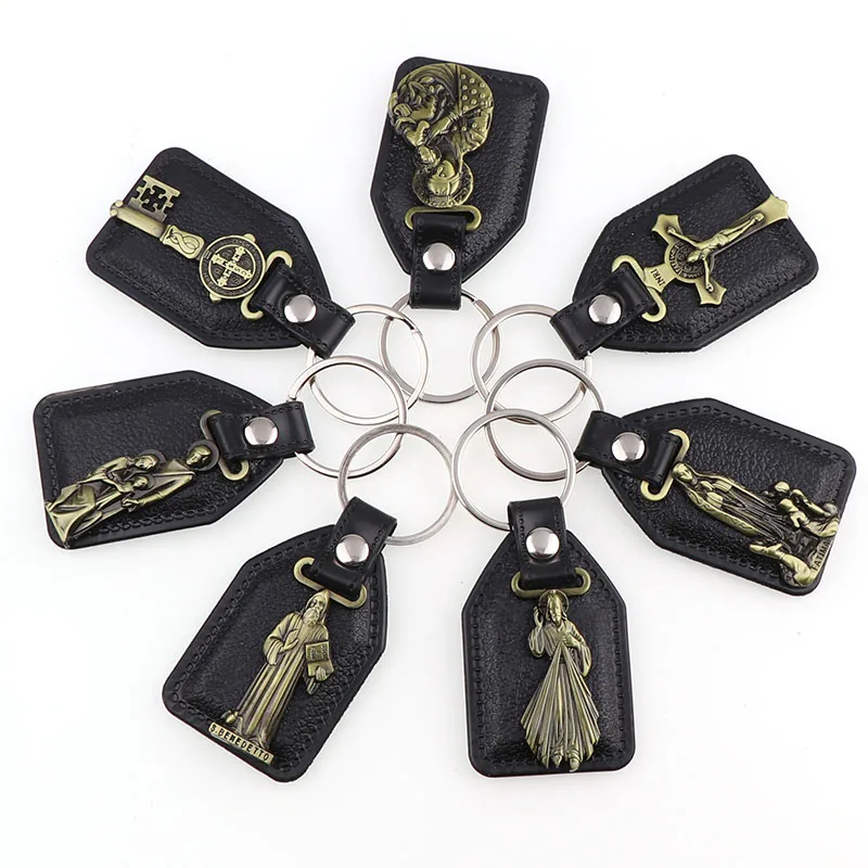 

12pcs PU Leather KeyChains Catholic Charm Pendants For Men Black Tag Antique Bronze Plated Hook Key Religion Key Charms