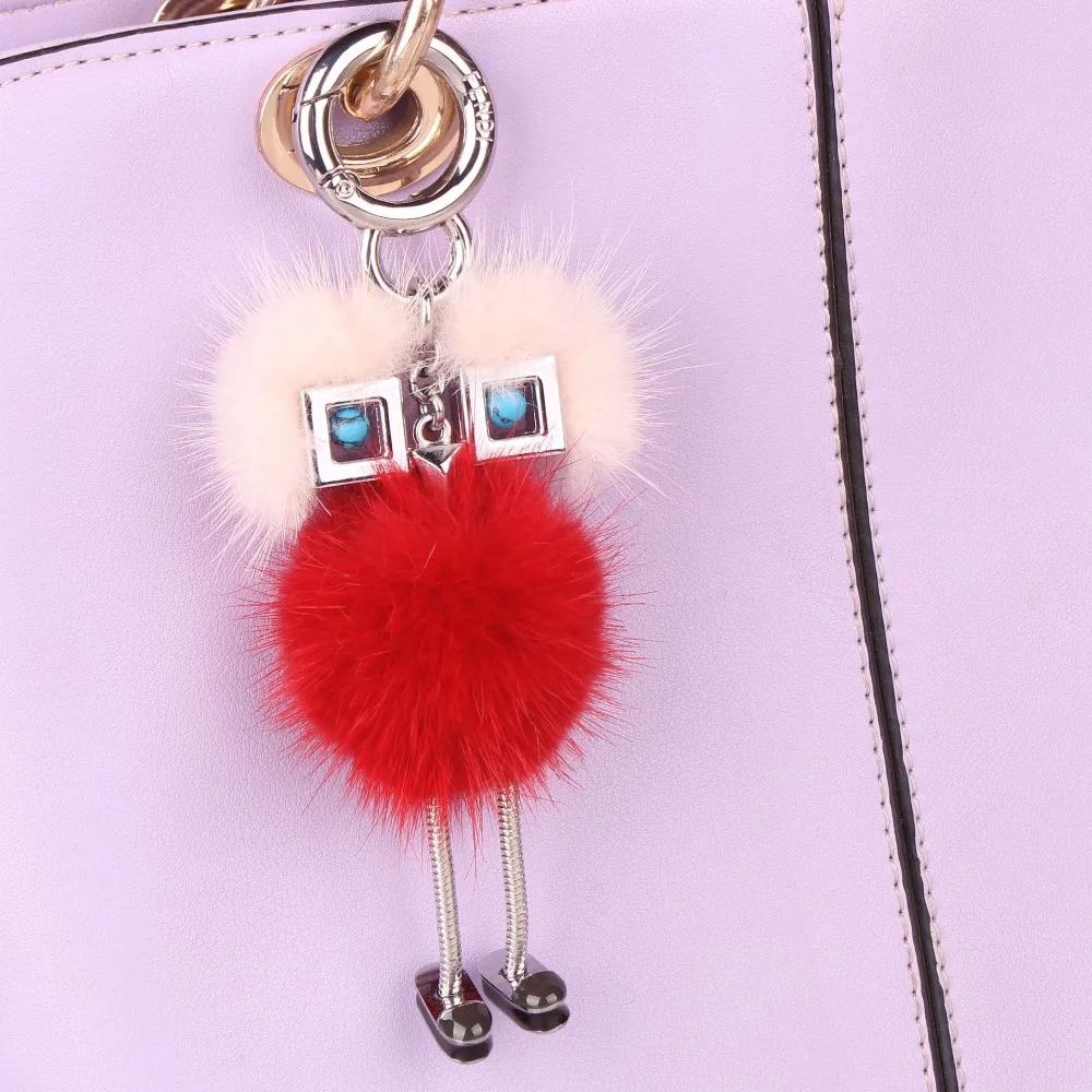 Настоящий норковый мех Pom Chick робот ключ кошелек ключ сумка с монстром Шарм милый Серебряный Робот Роскошный кулон из натурального меха кролика
