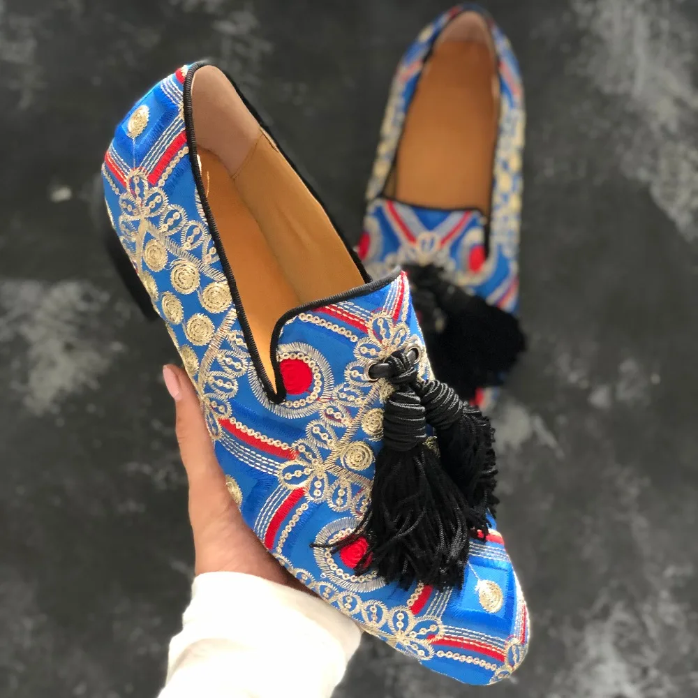 Мужские мокасины на плоской подошве синие кожаные с принтом в полоску без