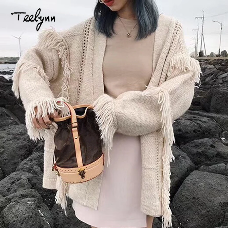 Свитер TEELYNN с кисточками для женщин теплое пальто открытым швом и длинным рукавом