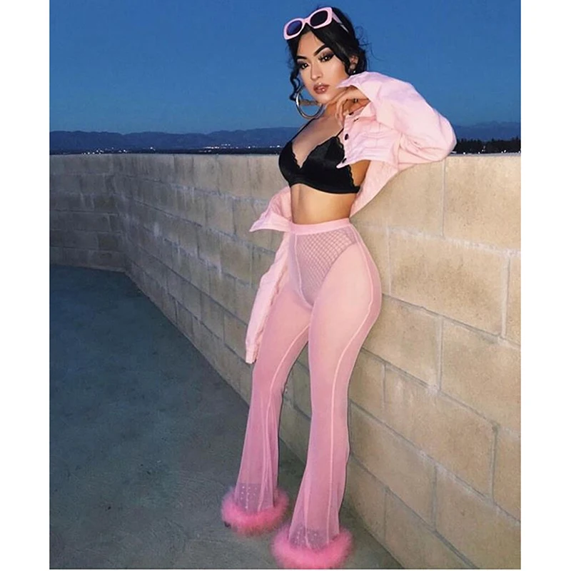 

Sexy Women Pants Solid Color Perspective Slim High Waist Ladies Wide Leg Pants Casual Pants For Female