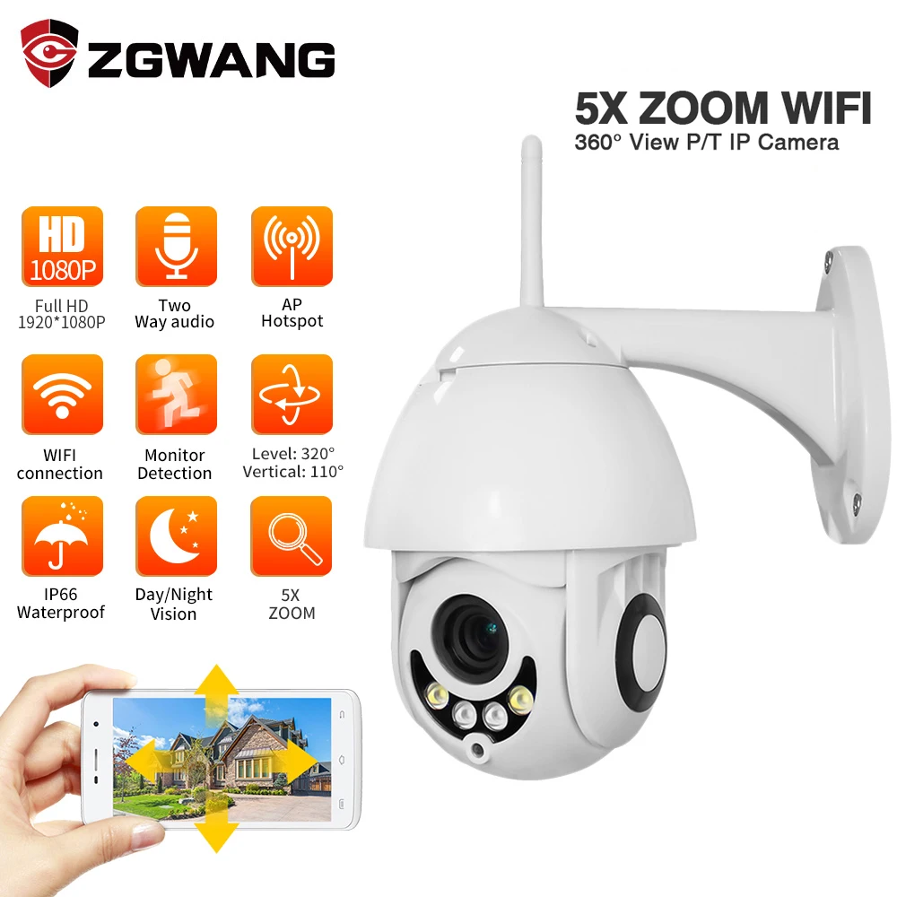 ZGWANG 1080P PTZ IP камера открытый купол WIFI 5X зум объектив скорость беспроводной ИК