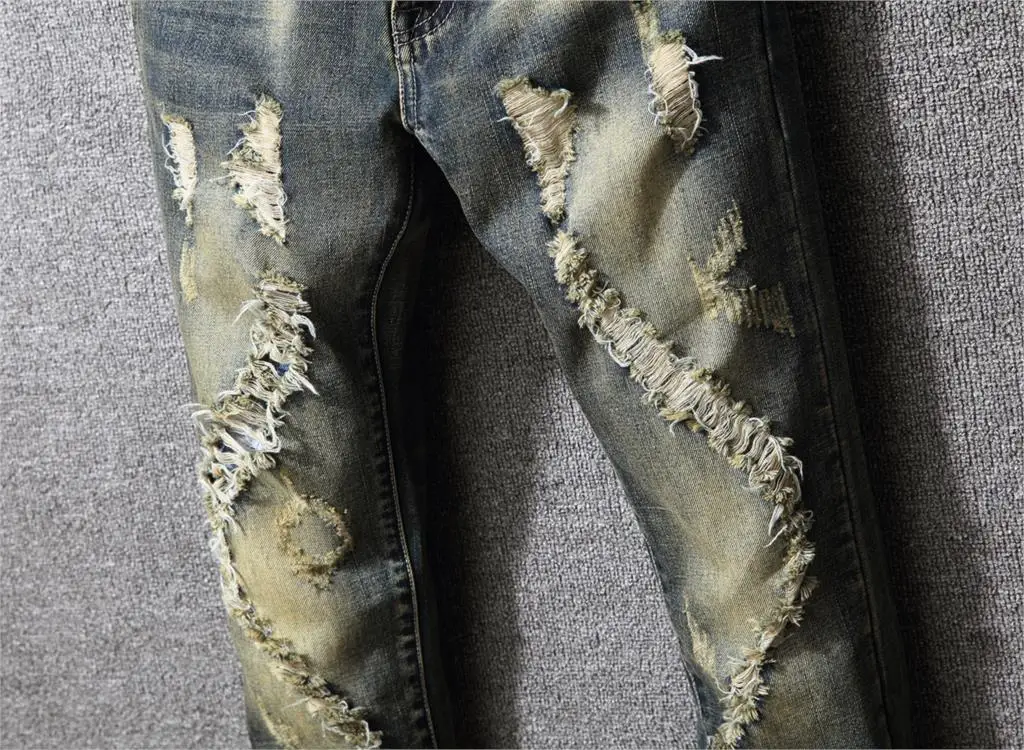 New Brand Jeans Men Casual Straight Denim Trousers Men's Fashion Ripped Jeans Slim Holes Overall Homme Retro Light Blue Jeans