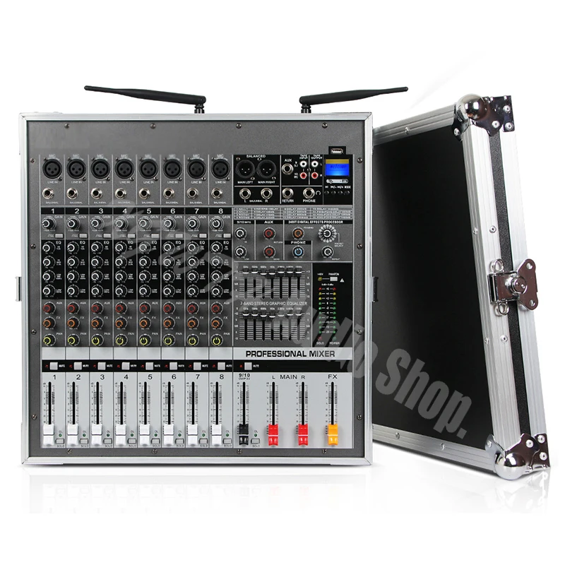 구매 1000W + 1000W 앰프 믹서 전문 DJ 8 채널 믹서 콘솔 무대 성능 에어 박스 무선 다이나믹 마이크, 무대 공연 마이크 앰프