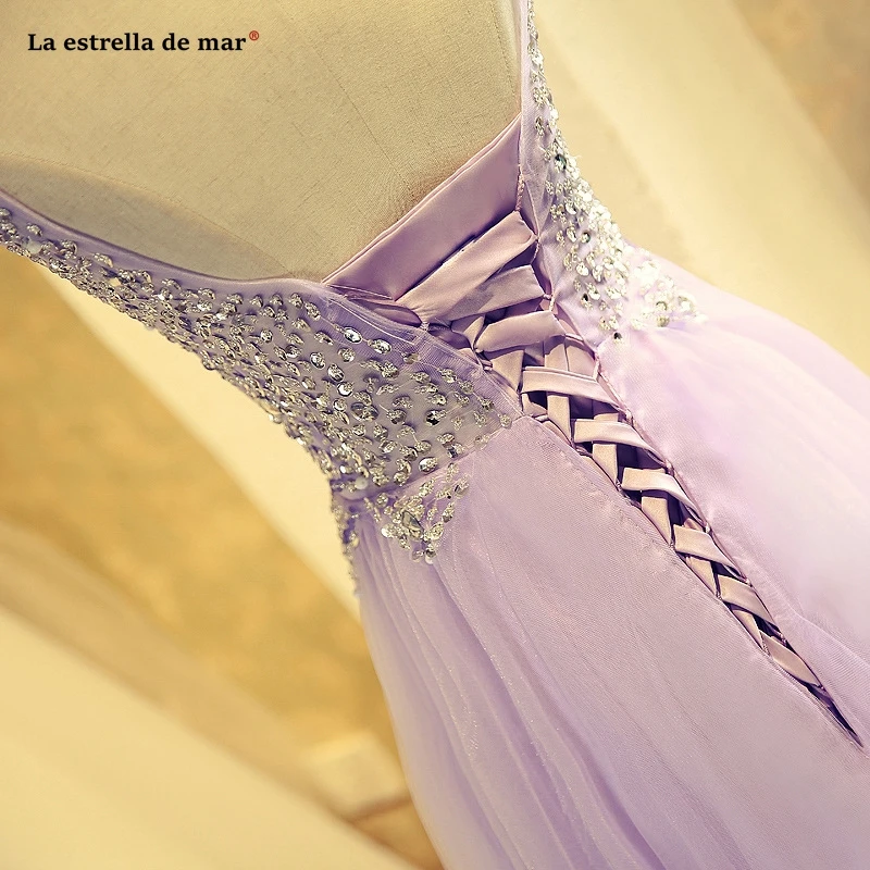 Vestidos de damas de honor boda, новинка, тюль, кристалл, сексуальный v-образный вырез, ТРАПЕЦИЕВИДНОЕ лиловое платье подружки невесты, длинное свадебное платье, настоящая фотография