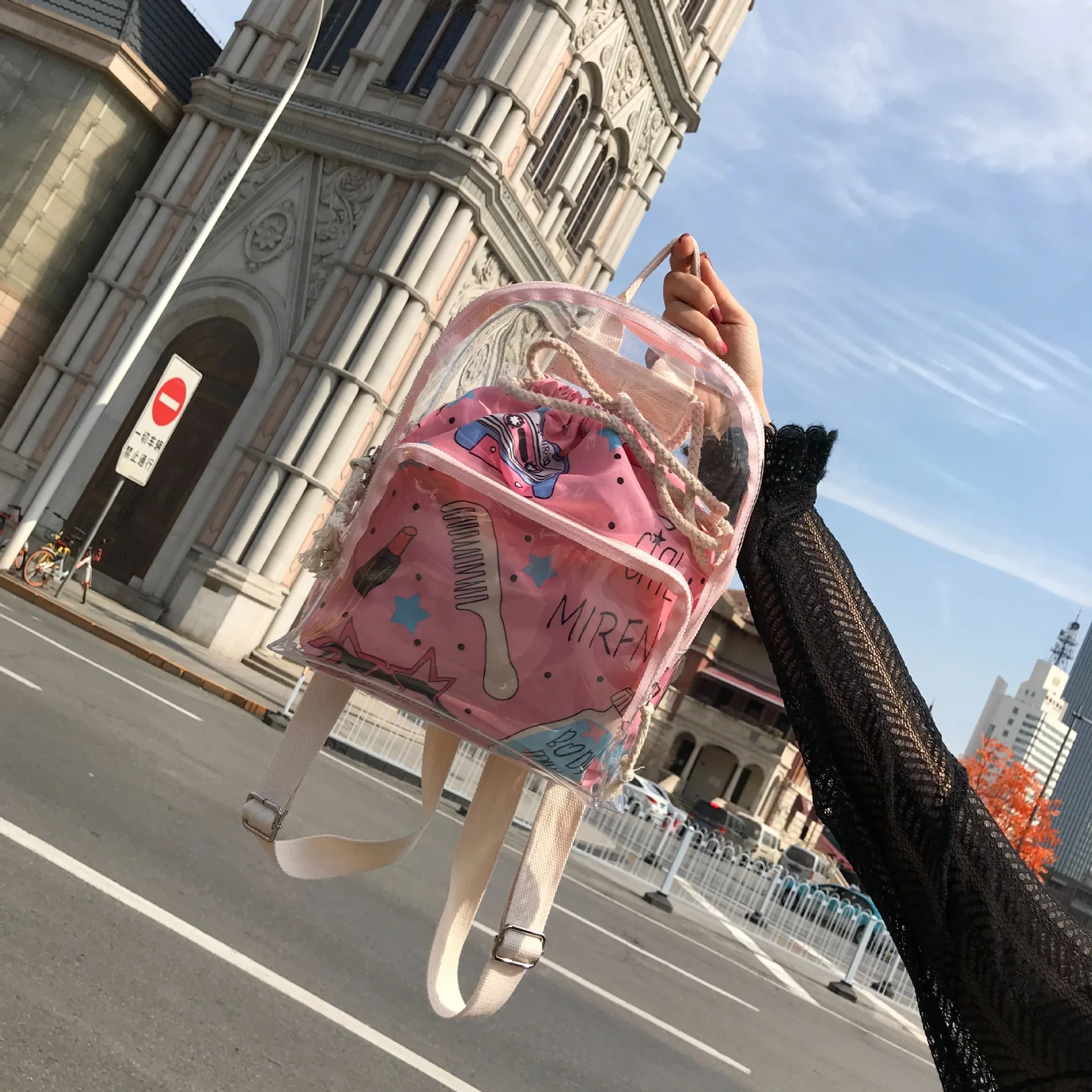 2018 новый прозрачный розовый граффити drawstring пластиковый мешок menderya Япония и Южная