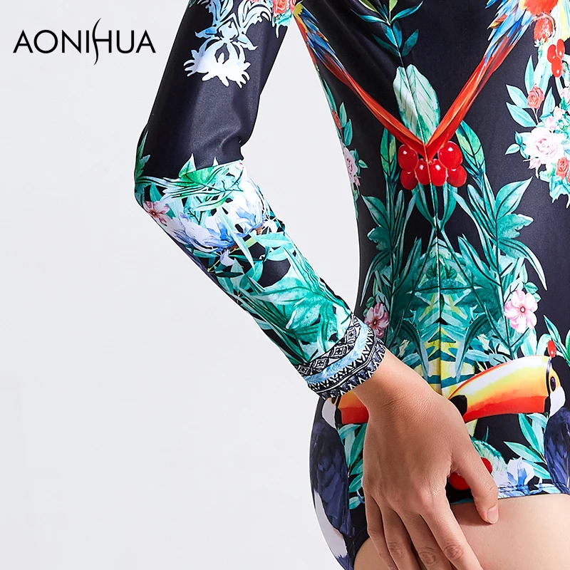 

AONIHUA Swimwear Printing Women's Sexy Long Sleeve High Neck bikini One Piece Swimwear