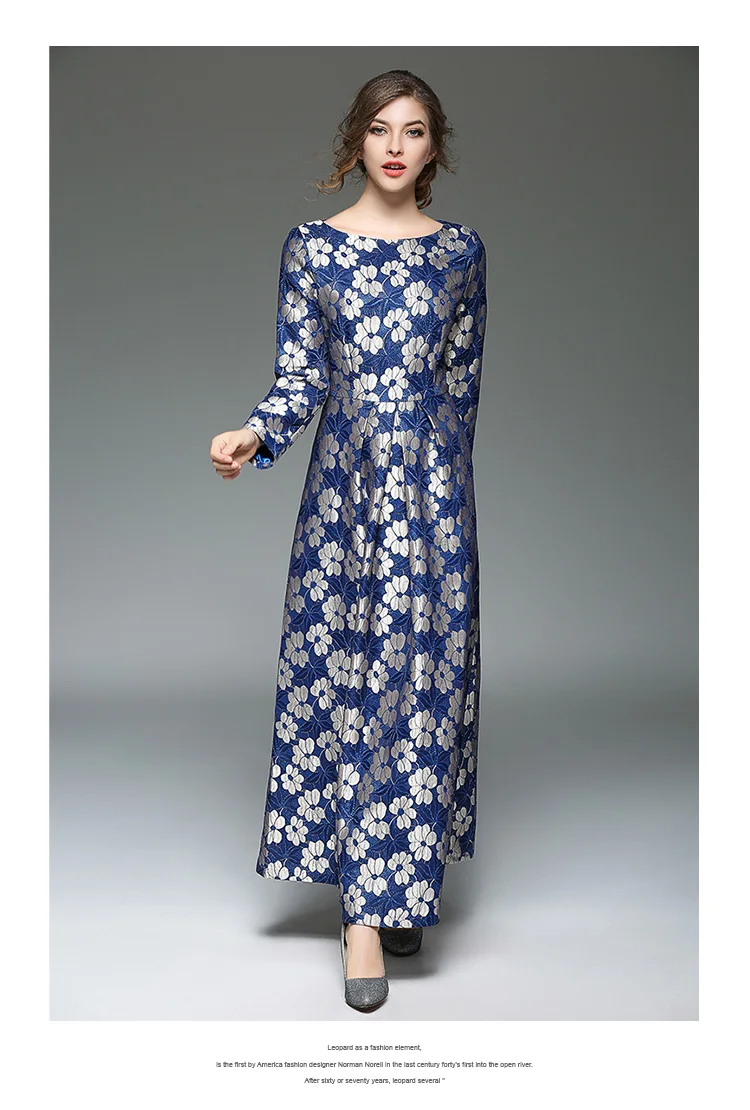 

women Flowers new lace dress long dresses long sleeve pleated dress autumn winter vestidos clothes european fashion design S-XXL