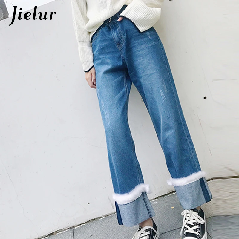 Jielur Harajuku Kawaii меховые манжеты широкие джинсы в Корейском стиле новые милые с