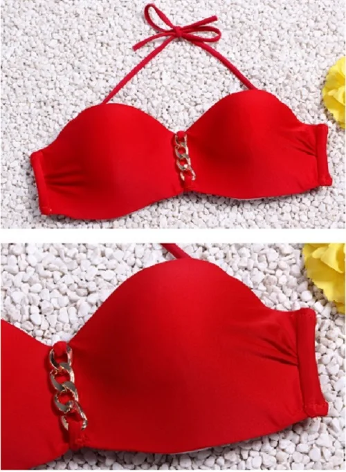 Бикини Новый сексуальный женский красный бикини купальник украшенный цепочками