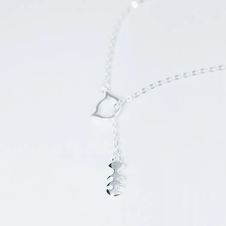 Фото Кошка ожерелье в форме кости рыбы для женщин 100% Стерлинговое Серебро 925 пробы