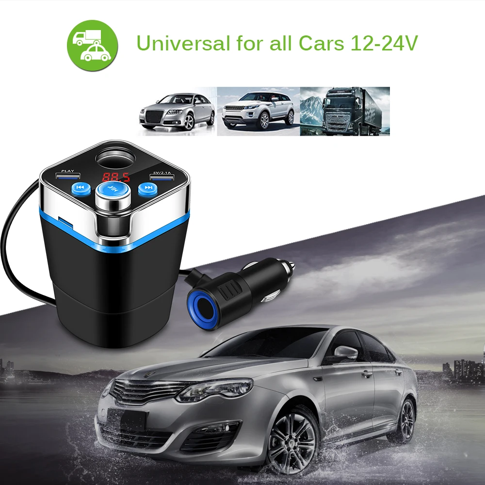 Автомобильное зарядное устройство ONEVER в форме чашки, Bluetooth, fm-передатчик, светодиодный дисплей 3.1A, прикуриватель с микрофоном, поддержка карт TF