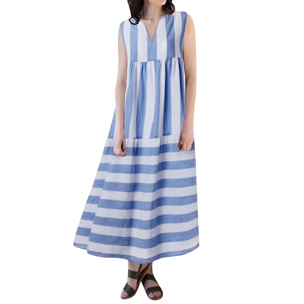Летнее платье женское без рукавов в полоску с v-образным вырезом вечерние