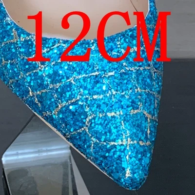 blue shange 12cm Женские блестящие кожаные туфли на высоком каблуке; женские туфли-лодочки на платформе; модельные летние свадебные туфли; женские туфли-лодочки с острым носком на высоком каблуке - Цвет: blue shange 12cm