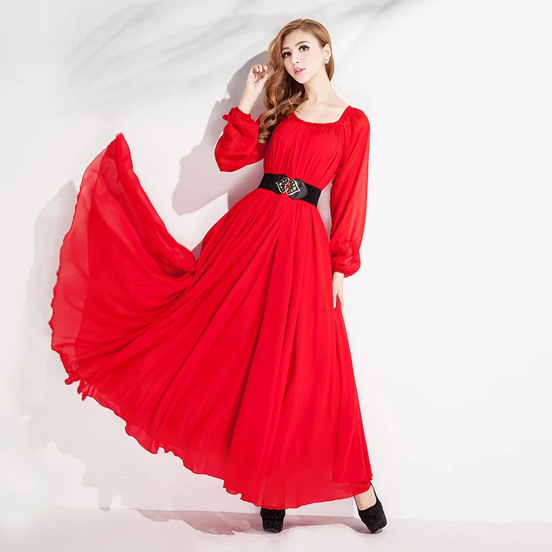 Женский Шифоновый Сарафан с длинным рукавом Элегантное Длинное Платье-макси в