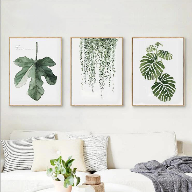 Летний простой акварельный набор в рамке с зелеными листьями HD холст печать для