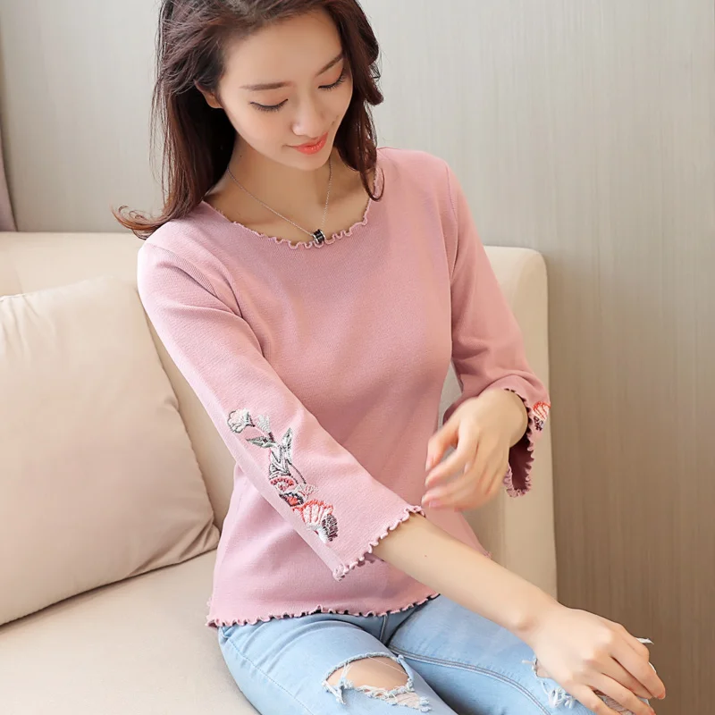 Женский трикотажный пуловер с вышивкой повседневный Свободный джемпер круглым