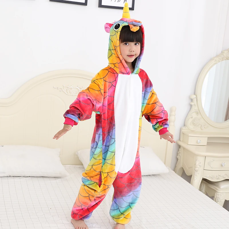 Girls Kigurumi 2018 Winter Pajamas For Boys Rainbow Cartoon Unicorn Kids Jumpsuit 4 6 8 10 12 Years Children Onesie Sleepwear |