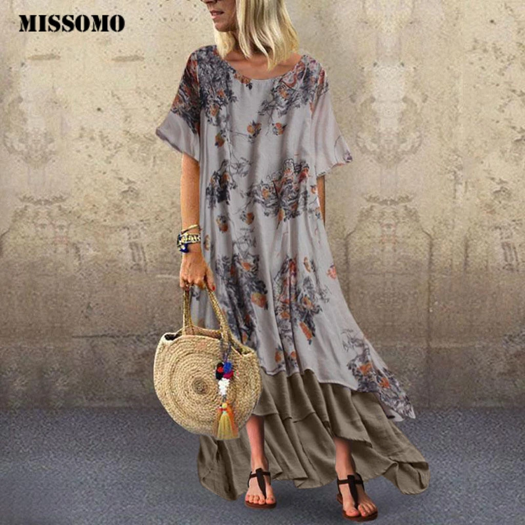 MISSOMO Женщины Boho платье Vintage печати Лоскутное с коротким рукавом O образным вырезом