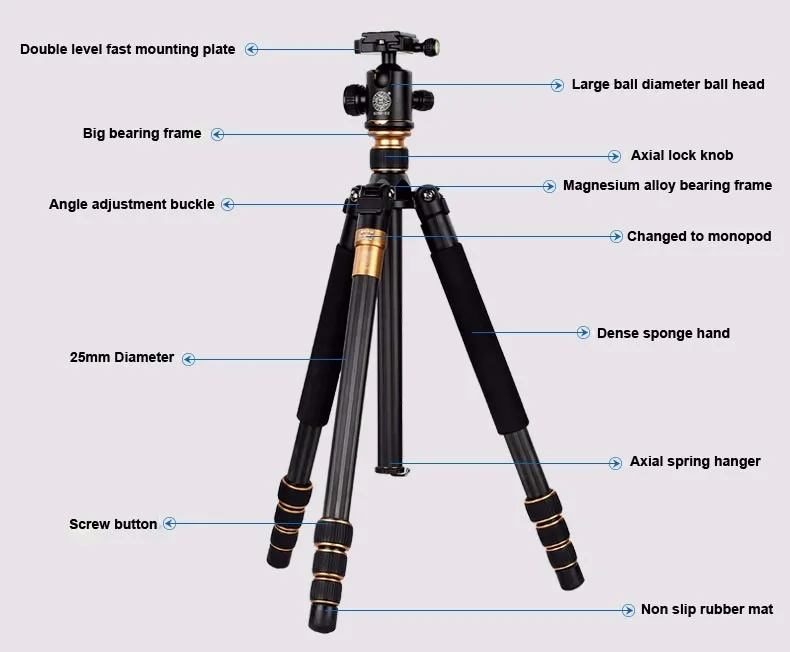 Горячий Beike QZSD Q999C Профессиональный фотографический Портативный штатив из углеродного волокна комплект монопод стенд шаровая Головка для DSLR камеры