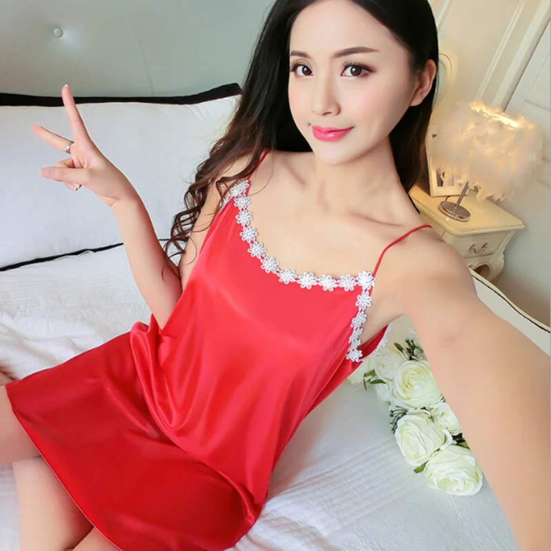 

Sexy Night Dress For Women Deep V Lace Sleepwear Lingerie Silk Nightgown Sleeveless Nightdress Nightwear Summer Homewear