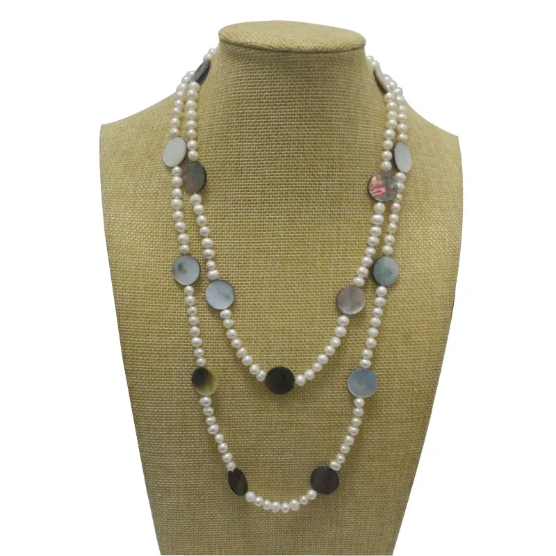 

42 inches 5-6mm White Oval Pearl and Gray Shell Women Sweater Necklace