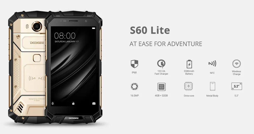 DOOGEE S60 Lite IP68 водонепроницаемый сотовый телефон 5," 4 Гб ОЗУ 32 Гб ПЗУ MTK6750T Восьмиядерный Android 7,0 беспроводной зарядки смартфонов