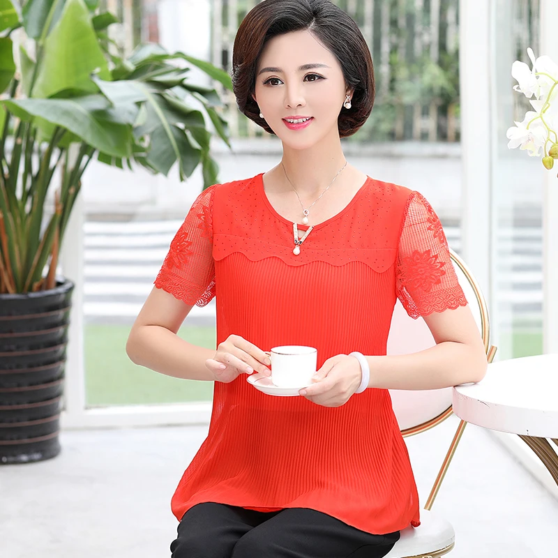 Orange Red Кружевные блузы с коротким рукавом, топы для женщин, лето, Новая Элегантная одежда для мамы размера плюс 5XL, шифоновая одежда, пуловер с v-образным вырезом - Цвет: Orange Red
