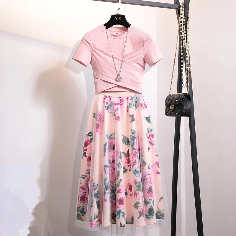 S-XL лето для женщин комплект из 2 частей 2019 модное розовое хлопковое платье с
