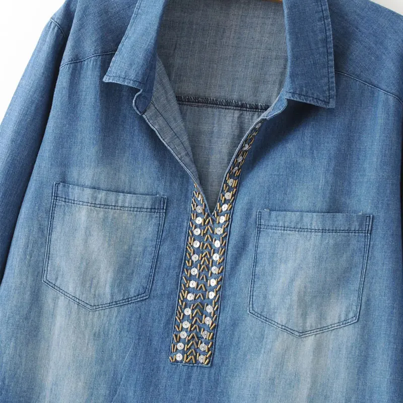 LINSHOW Джинсовые Блестки Женщины Блузки С Длинным Рукавом Нагрудные Твердые