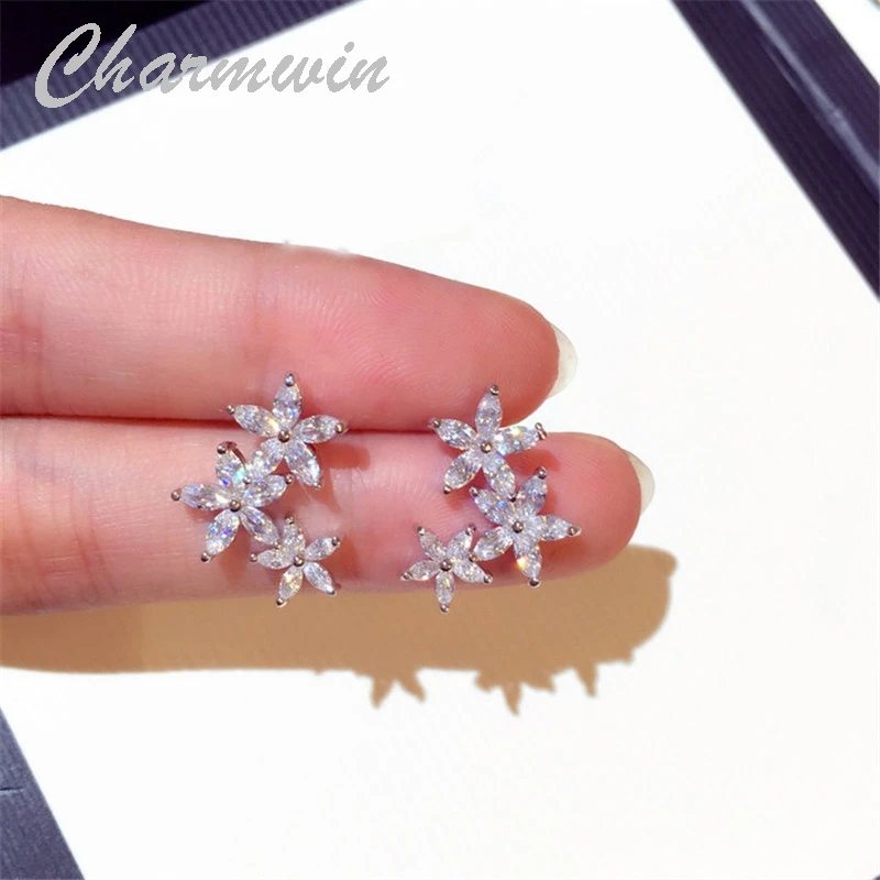 Charmwin New Fashion Stud Earrings For Women Earrings Trend Classic Rhinestone Flower Earrings Women Jewelry