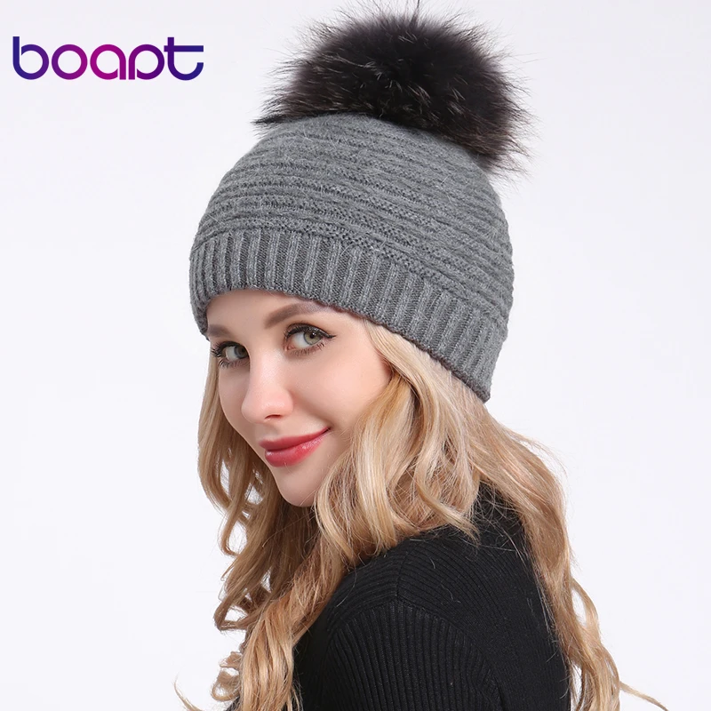 [boapt] енота мех помпон кепка женские кролик двойной слой мягкий толстый вязаный