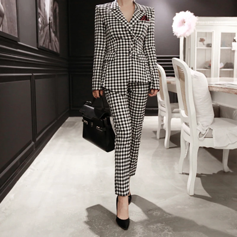 Fall/winter Women's Suit Temperament Fashion Plaid Small Slim Commuter Pants Two-piece Women Tops and Pant | Женская одежда