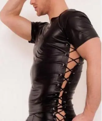 S XXL модные черные искусственная кожа для мужчин сзади на шнуровке сексуальное