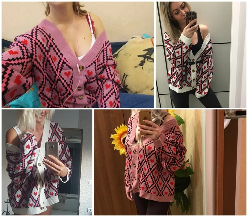 JaMerry, вязаный кардиган с принтом сердца, Женский однобортный свитер, кардиган, Осень-зима, Кардиган большого размера, джемпер