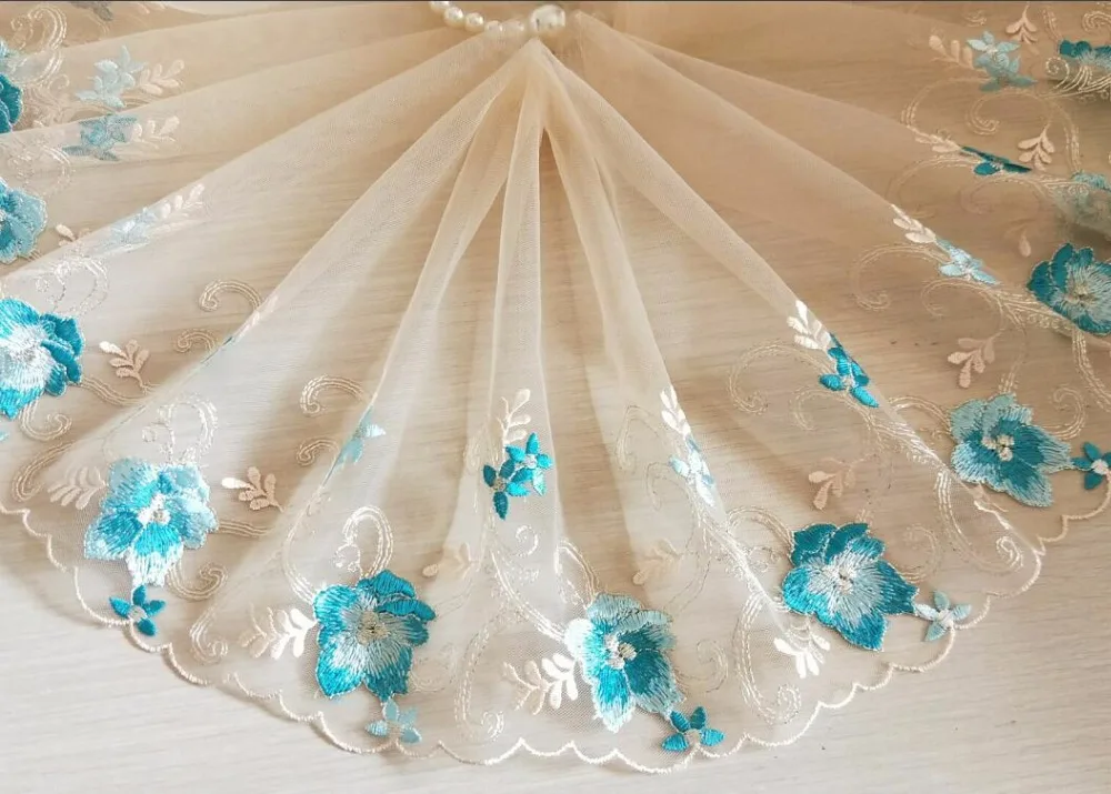 Кружевная отделка 2 ярда синие цветы вышитые бежевые тюлевые кружева 8 66 дюйма