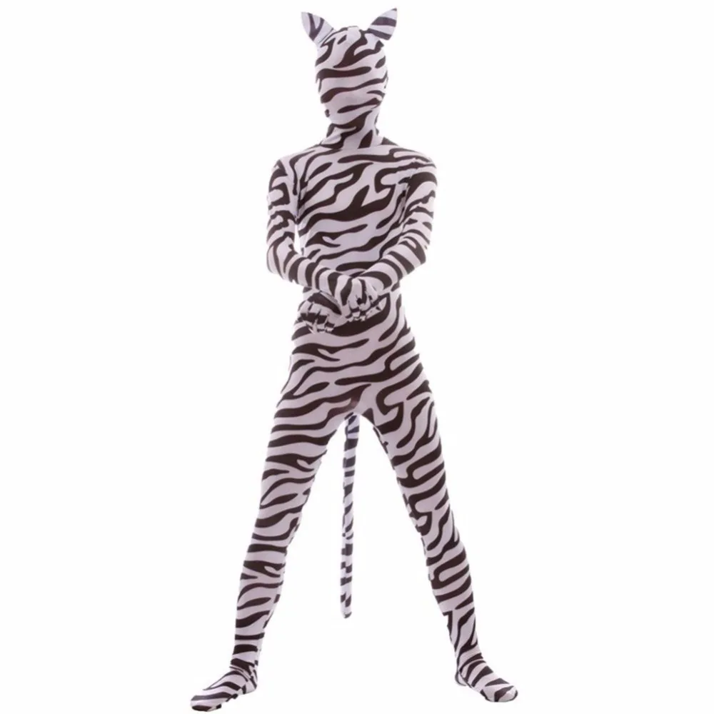 Тигр полный боди Zentai костюм с животными ушами и хвостом Зебра лайкра спандекс для