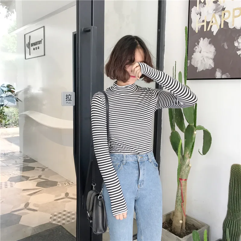 Korean Style Long Sleeve T Shirts 2018 Women New Hot Sale Student T-shirt Womens Fashion Harajuku Striped Female Slim Femme Lady | Женская