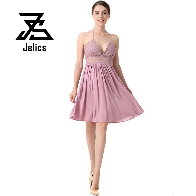 

Jelics Women lace patchwork sexy deep v-neck midi dress solid backless spaghetti strap female robe sleeveless lady vestidos