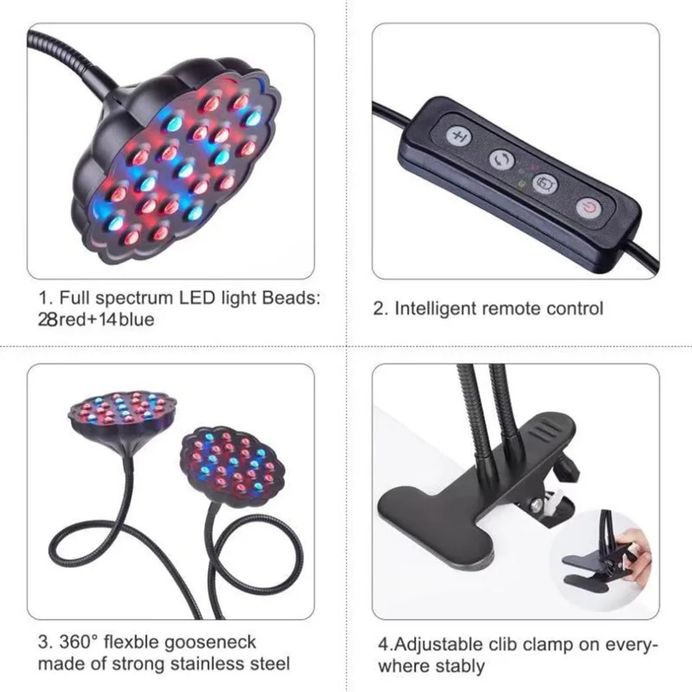 20 Вт двойной головкой светодиодный Grow Light с Светодиодная лампа держатель зажим