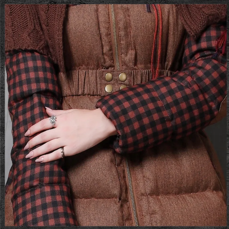 Винтажное теплое женское пуховое пальто зимнее классическое пончо клетчатое