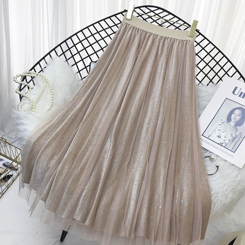 Sequin Velvet Tulle Skirts Women 2018 Autumn Winter Long Korean Elegant High Waist Pleated A-line Blue School Skirt Female | Женская