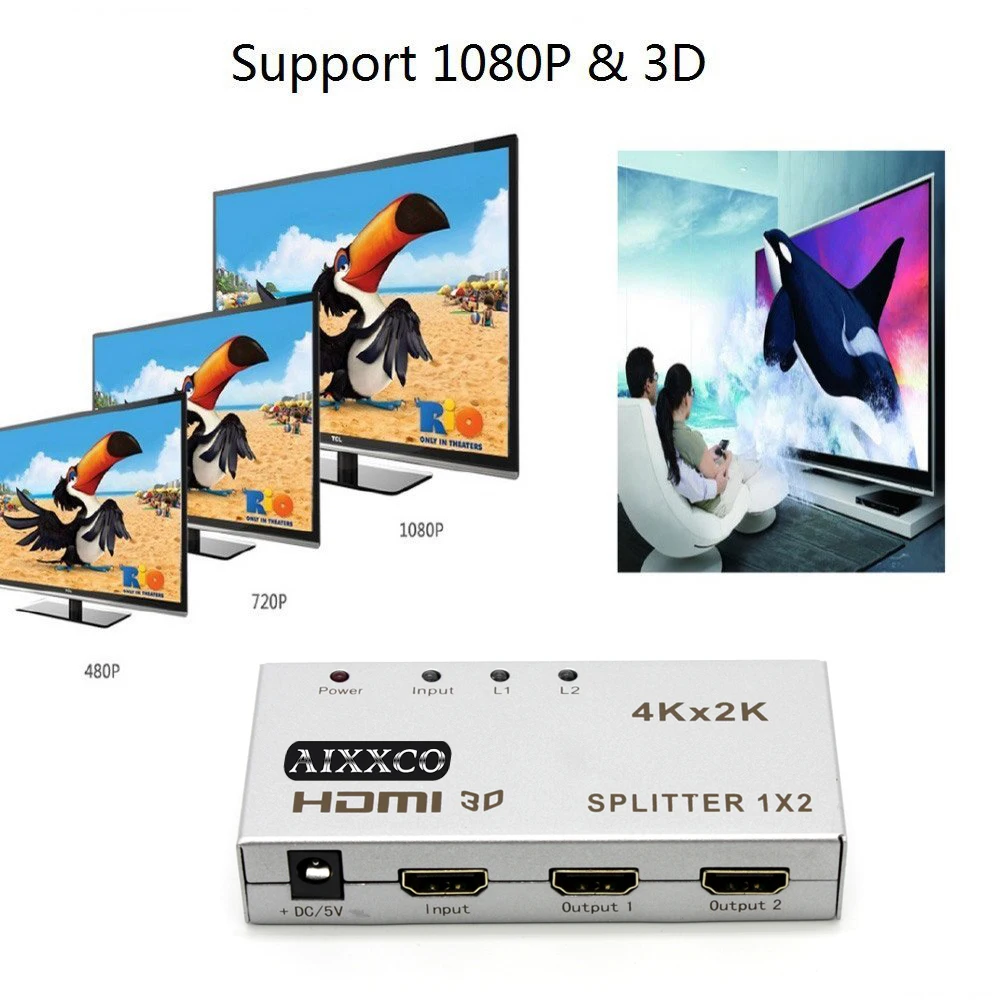 AIXXCO Rectang HDCP Серебряный 4K HDMI разветвитель 1x2 1080P 3D усилитель HDMI коммутатор 1 в 2 HDMI конвертер адаптер для HDTV PS3 PS4