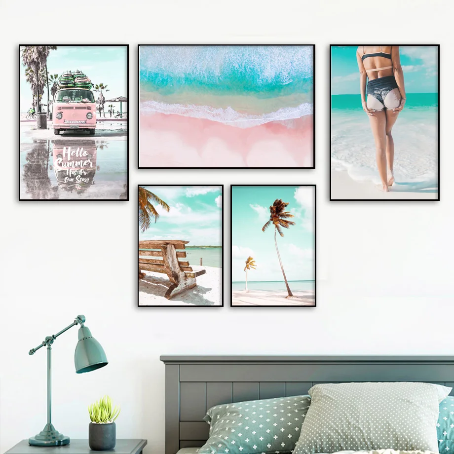 

Pink Beach Girl Tropical Landscape Wall Art Print Canvas Painting Nordic Posters And Prints Wall Pictures For Living Room Decor