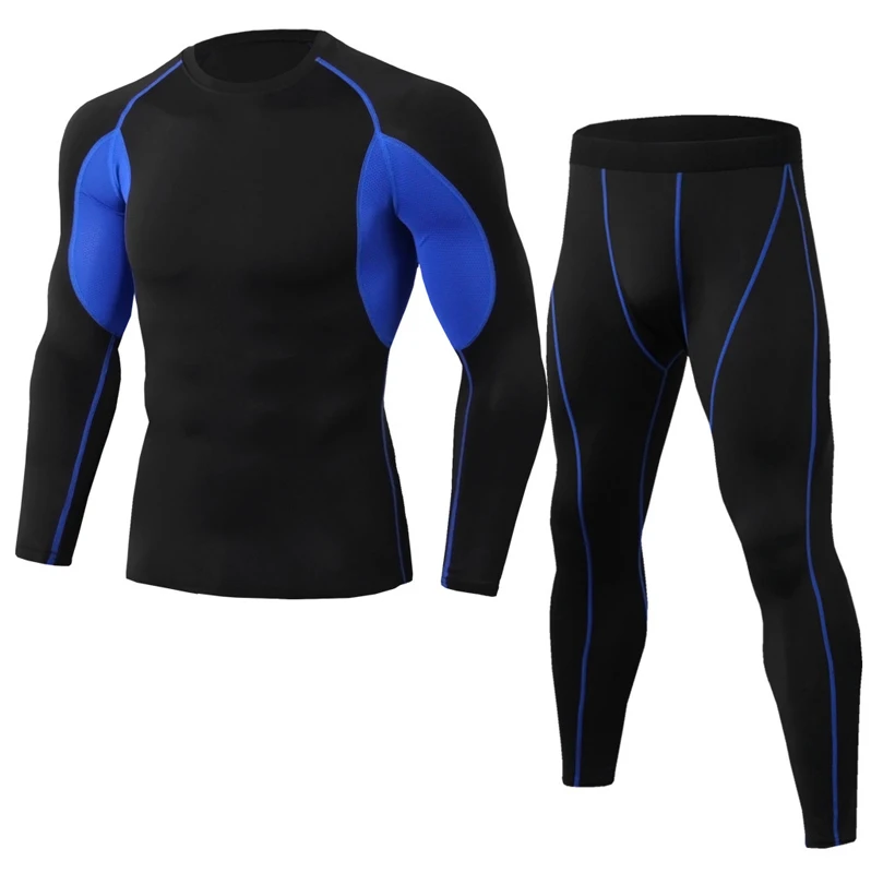 Black-Blue Мужские спортивные костюмы компрессионные базовый слой мужские Licra Deporte Hombre Мужская спортивная одежда компрессионные новые летние колготки для фитнеса и велоспорта - Цвет: Black-Blue