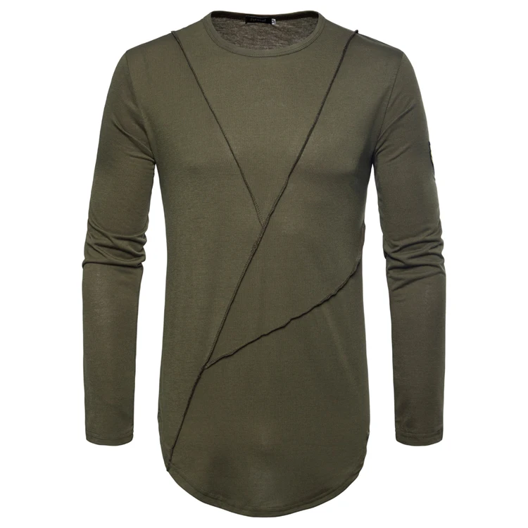 2019 New Men's T-shirt Summer Round Neck Casual Long-sleeved Stitching Bottoming Shirt Solid Color Long- | Мужская одежда