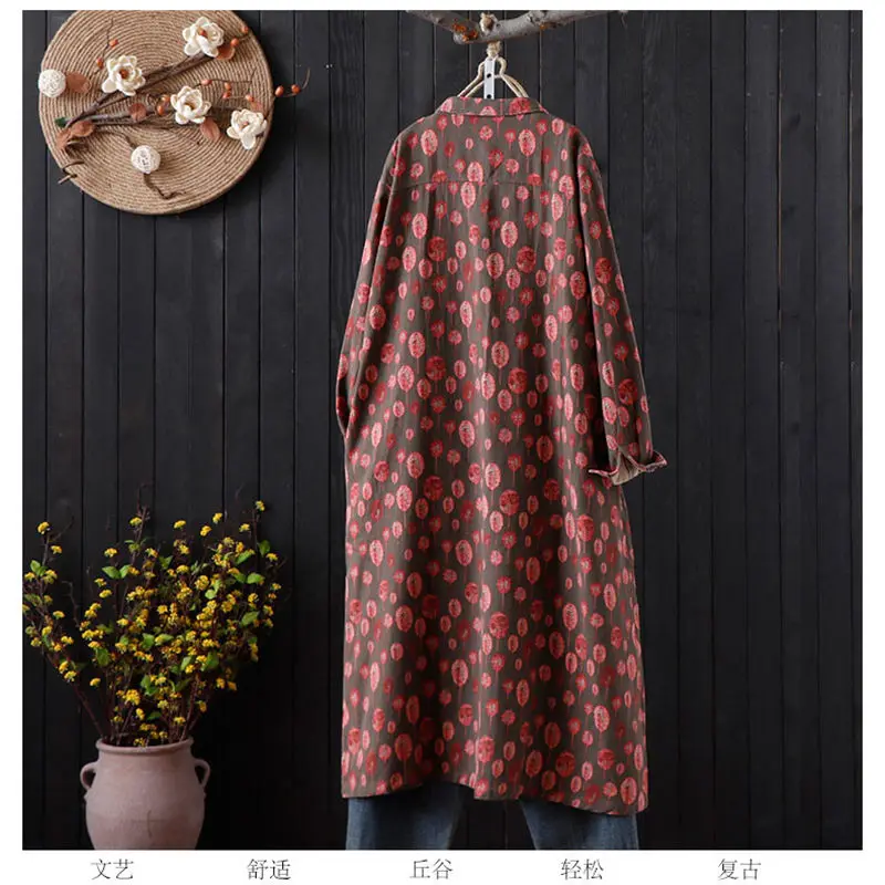 Длинный льняной Тренч с принтом женский свободный тонкий цветочным на весну лето