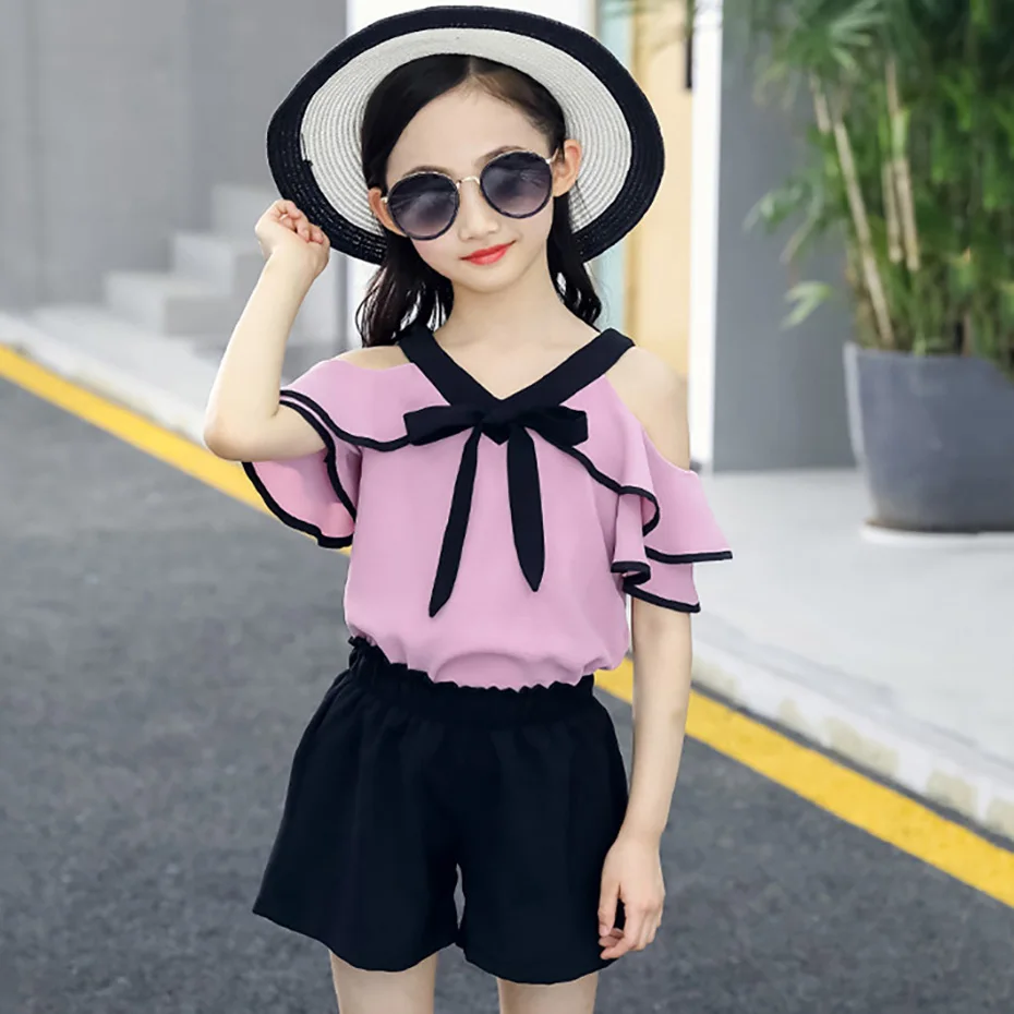 Комплект летней одежды для девочек комплект детской с открытыми плечами 6 8 12 лет